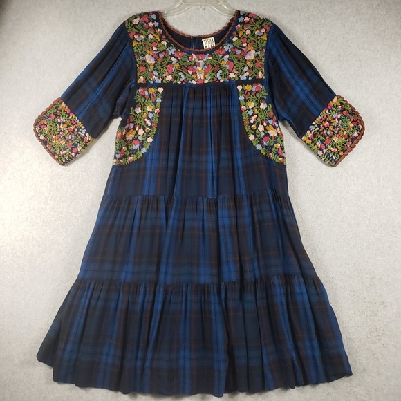 Sister Mary Karmen Embroidered Plaid Midi Dress Blue Boho  Craft L Viscose Midi - Picture 2 of 12